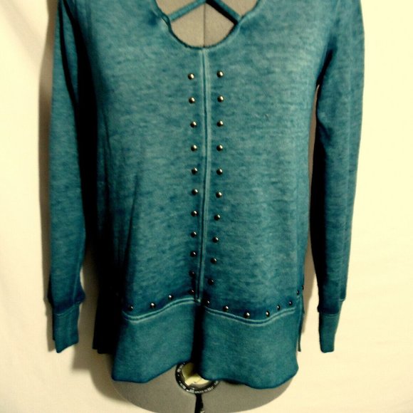 ROCK & REPUBLIC Studs Sweatshirt Top XS Blue Caged V-neck LS Trendy mineral wash - Picture 4 of 10